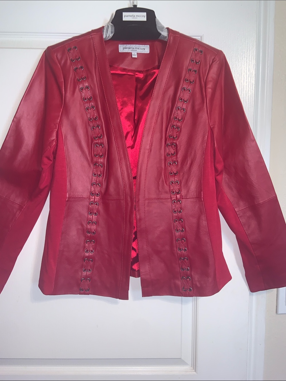 Pamela McCoy Red Leather Eyelet-Trim Open Jacket